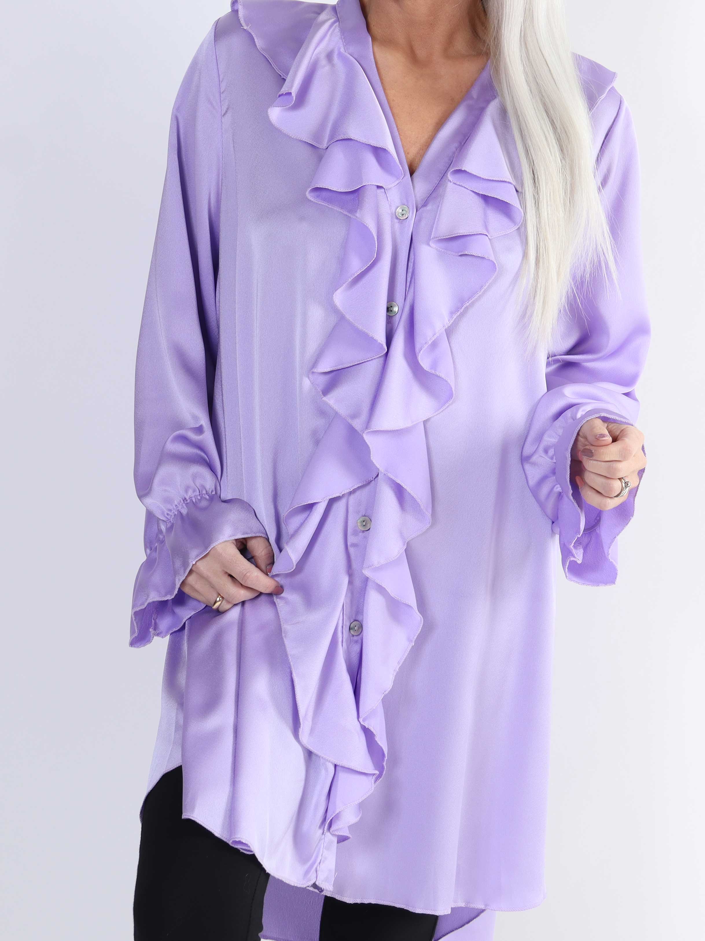 Abira - Enfärgad plus size skjortklänning i silkelook med volanger